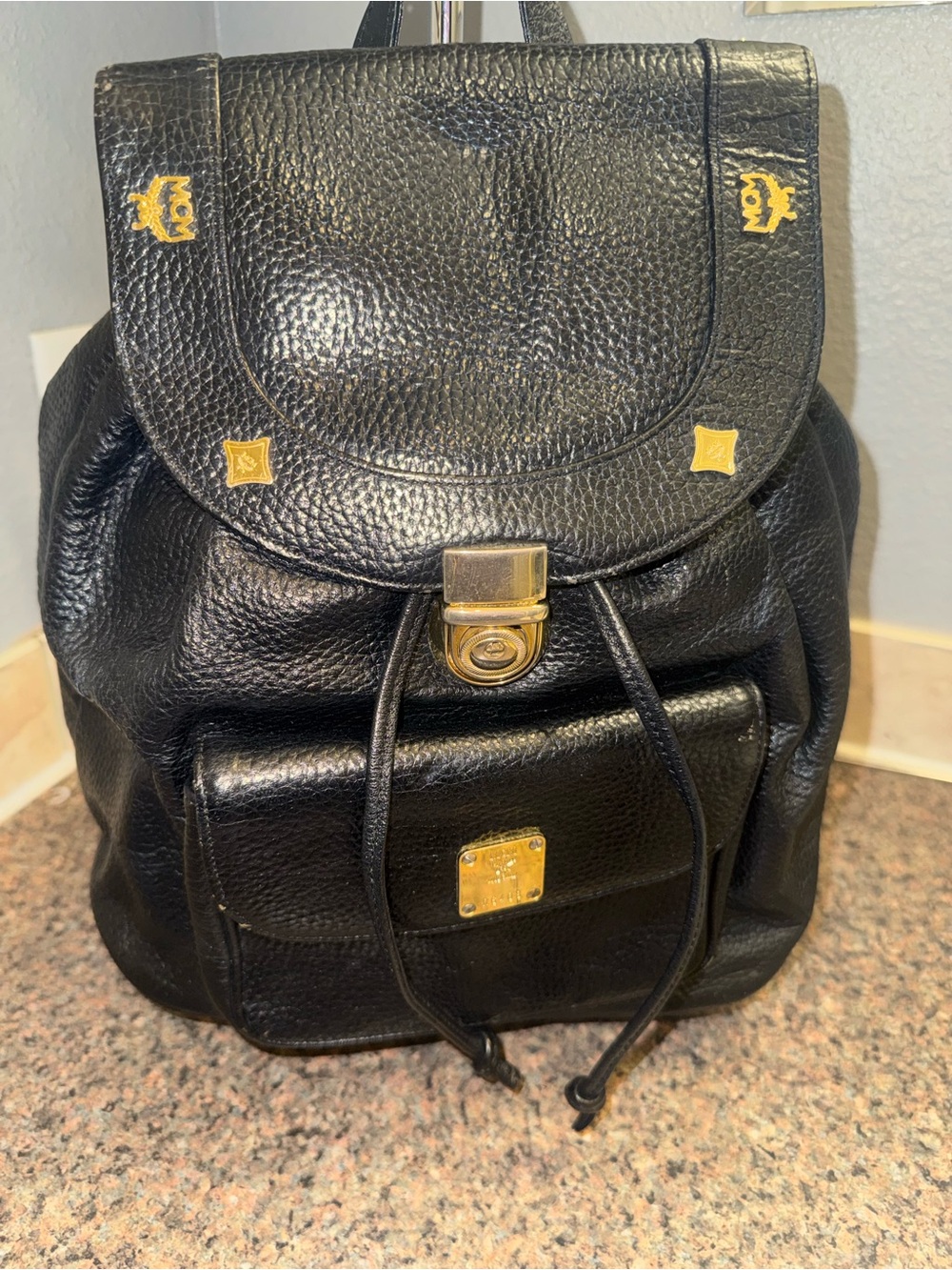 MCM Black Leather Drawstring Backpack EUC